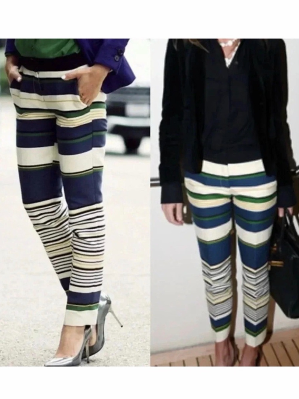 J.Crew Factory Navy Green Striped Cropped Ankle Pants Preppy Size 2